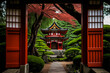 Traditional Japanese temple with red torii gate and serene garden. Represents spirituality and peace through traditional Japanese practices. Generative AI