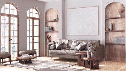 Wall Mural - Living room in boho style with arched windows and parquet. Fabric sofa, carpet and side tables in white and gray tones. Bohemian bleached wooden interior design