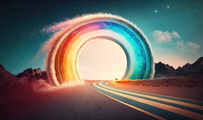 Wall Mural -  a rainbow - colored tunnel in the middle of a desert with mountains in the background and a car driving through it on a road with a rainbow colored lines.  generative ai