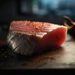 freshly cut tuna steak on a wooden chopping board-generative ai