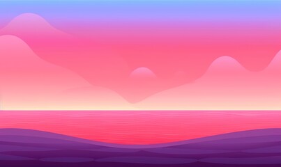  a pink and purple landscape with mountains in the distance and a blue ocean in the foreground with a pink and purple sky in the background.  generative ai