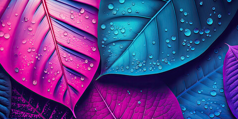 Wall Mural - Abstract background with tropical leaves in magenta and azure - Generative AI