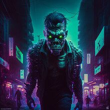 Futuristic Zombie Apocalypse Zombies Walking On The Streets Cyberpunk Neon City Night Infected Zombies Wave Generative AI Illustration
