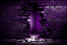 Vibrant Purple Brick Wall. Purple Urban City Alley Way. Busted Brick Wall. Background Or Wallpaper. Blank Template For Product Display Or Lay Out For Advertising. Colorful Purple 3d Rendered Brick.