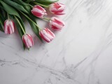 Fototapeta Tulipany - Pink Tulips on White Marble Background. generative AI illustration