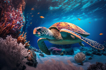 Sea turtle swimming in the under sea , Beautiful Underwater and colorfull coral in wild nature of the Pacific Ocean. Generate Ai