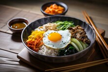 Still life, a plate of Korean bibimbap with an egg yolk in the center. Generative AI