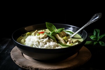 Still life, a bowl of Thai green curry with a scoop of rice on top. Generative AI