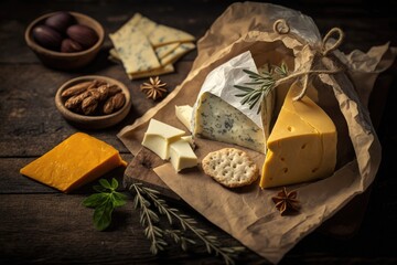 Canvas Print - a napkin on a wooden table with different types of cheeses and crackers, ready for a cheese board experience., created with generative ai