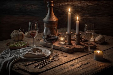 Wall Mural - a rustic wooden table with a napkin on it, surrounded by candles and wine glasses., created with generative ai