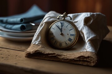 Poster - a close-up of a neatly folded napkin on a wooden table, with an old-fashioned clock in the background, created with generative ai