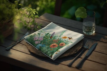 Poster - a shot of a napkin on a wooden table in the garden, surrounded by greenery and flowers, created with generative ai