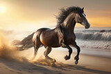 Fototapeta Konie - Beautiful Horse running on a beach at sunset. Stallion Running on the beach splashing waves at sunrise. Ai generated