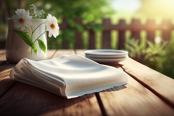 Canvas Print - a white napkin on a wooden table in a sunny backyard with flowers and greenery., created with generative ai