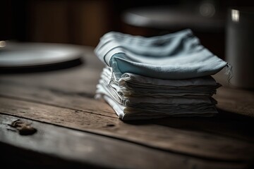 Canvas Print - a close-up shot of a stack of napkins on a wooden table, with the edges slightly frayed., created with generative ai