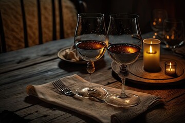 Canvas Print - a napkin placed on a wooden table with glasses of wine and candlelight., created with generative ai