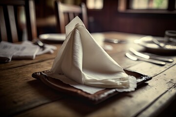 Poster - a napkin on a wooden table in the middle of a restaurant during lunchtime., created with generative ai