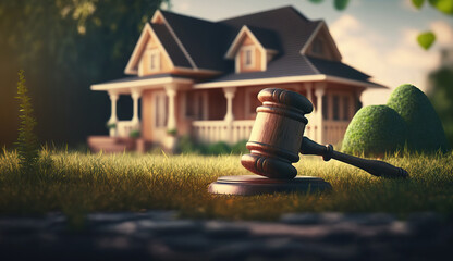 Sticker - Judge gavel on background of a private house. The concept of land, construction, housing, family, bankruptcy law and home purchase. Based on Generative AI