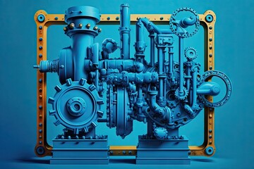 Wall Mural - oil pumps with internal mechanism and pipes on blue background, created with generative ai