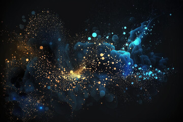 Blue particles artistic background with glitter blue and gold particles on a dark background. Ai generated