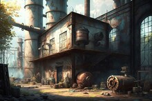 Old Factory With Rusty Walls And Oil Pumps, Created With Generative Ai