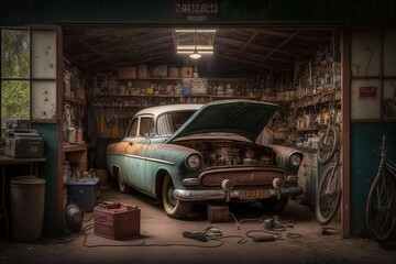 Wall Mural - an old garage with a vintage car parked inside, surrounded by tools and equipment., created with generative ai