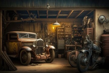 Wall Mural - an old garage with a variety of vintage cars, trucks, and motorcycles., created with generative ai