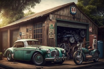 Wall Mural - an old garage with a variety of vintage cars and motorcycles, including classic convertibles and choppers., created with generative ai