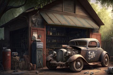 Wall Mural - an old garage with a vintage car parked inside, surrounded by nuts and bolts, tools, and other automotive paraphernalia., created with generative ai