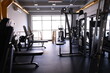© Neuro architect - Sports equipment in the gym. Stylish bright sports space. Expanders and simulators with heavy dumbbells.Bench press, sport for a strong body and weight loss