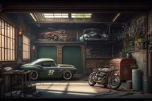 An Old Garage With A Collection Of Vintage Cars And Motorcycles, Including A Classic Ford Mustang And An Antique Harley-davidson., Created With Generative Ai