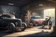 An Old Garage Filled With Vintage Cars And Motorcycles, Including A Classic Ford Mustang And A Custom Chopper., Created With Generative Ai