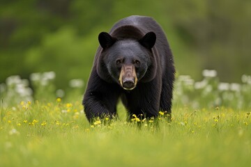 Poster - A mature black bear strolls across springtime meadows. Generative AI