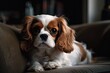 © AkuAku - adorably adorable cavalier spaniel puppy resting on a couch. Generative AI