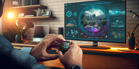 Man's hand operating smart home program on watch screen - Generative AI