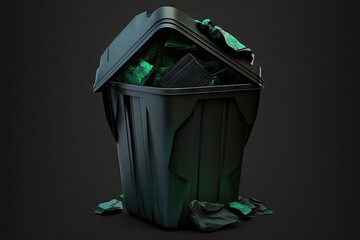 Wall Mural - overflowing garbage bin close-up in dark gray green color, created with generative ai