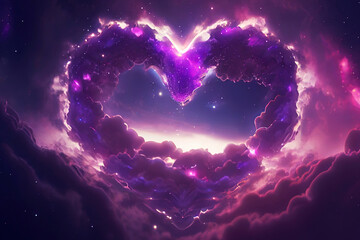 Wall Mural - Dreamy illustration of pink and purple heart shaped clouds in space, galaxy with stars. Generative AI