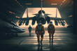 Rear view of military pilots walking towards modern fighter jet in hangar. Generative AI