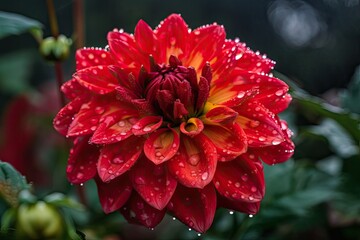 Poster - a red dahlia blossom with showers on it was photographed up close in a garden not far from the histo