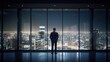 © iridescentstreet - Back view of businessman in suit standing at office looking at night city through panoramic window. Generative AI