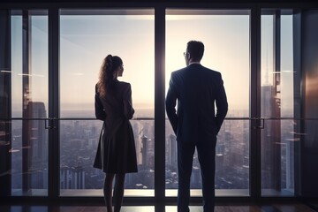 Wall Mural - Business couple looking out the window: trust, partnership, and bright future. Generative AI