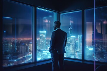 Back view of businessman in suit standing at office looking at night city through panoramic window. Generative AI