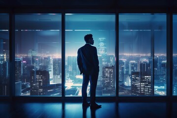 Wall Mural - Back view of businessman in suit standing at office looking at night city through panoramic window. Generative AI