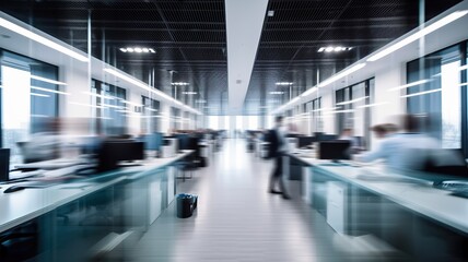 Wall Mural - Long exposure shot of modern office lobby with business people. Generative AI