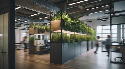 Wall Mural - Long exposure shot of modern office lobby with business people. Generative AI