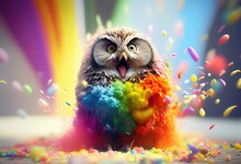 Owl Rainbow Color Explosion In Awesome Style Generative AI