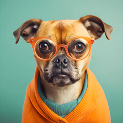 Wall Mural - Hipster Cute Dog with glasses, Funny Art Illustration, Anthropomorphic Dogs, Generative AI