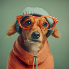 Wall Mural - Hipster Cute Dog with glasses, Funny Art Illustration, Anthropomorphic Dogs, Generative AI