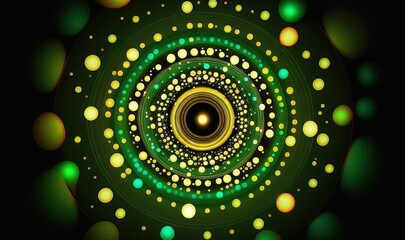  an abstract picture of a green and yellow circle with circles in the middle of the circle, and a black background with yellow and green circles in the center.  generative ai