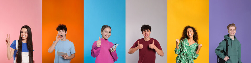photos of teenagers on different color backgrounds, collage